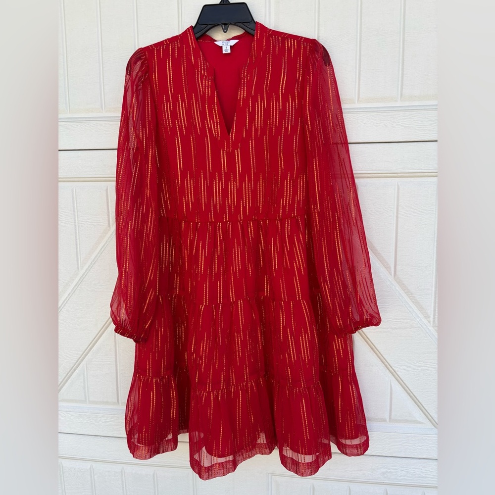 Crown & Ivy Red Gold Metallic Tiered Dress Small Holiday Party Sheer Sleeve NWOT